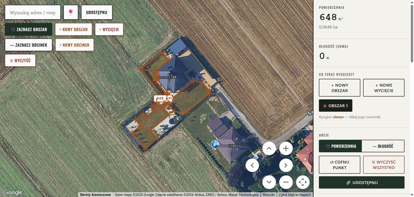 Narzędzie pomiaru terenu Fachoo – zaznaczona działka z budynkiem jako wycięciem na mapie satelitarnej, powierzchnia 648 m²